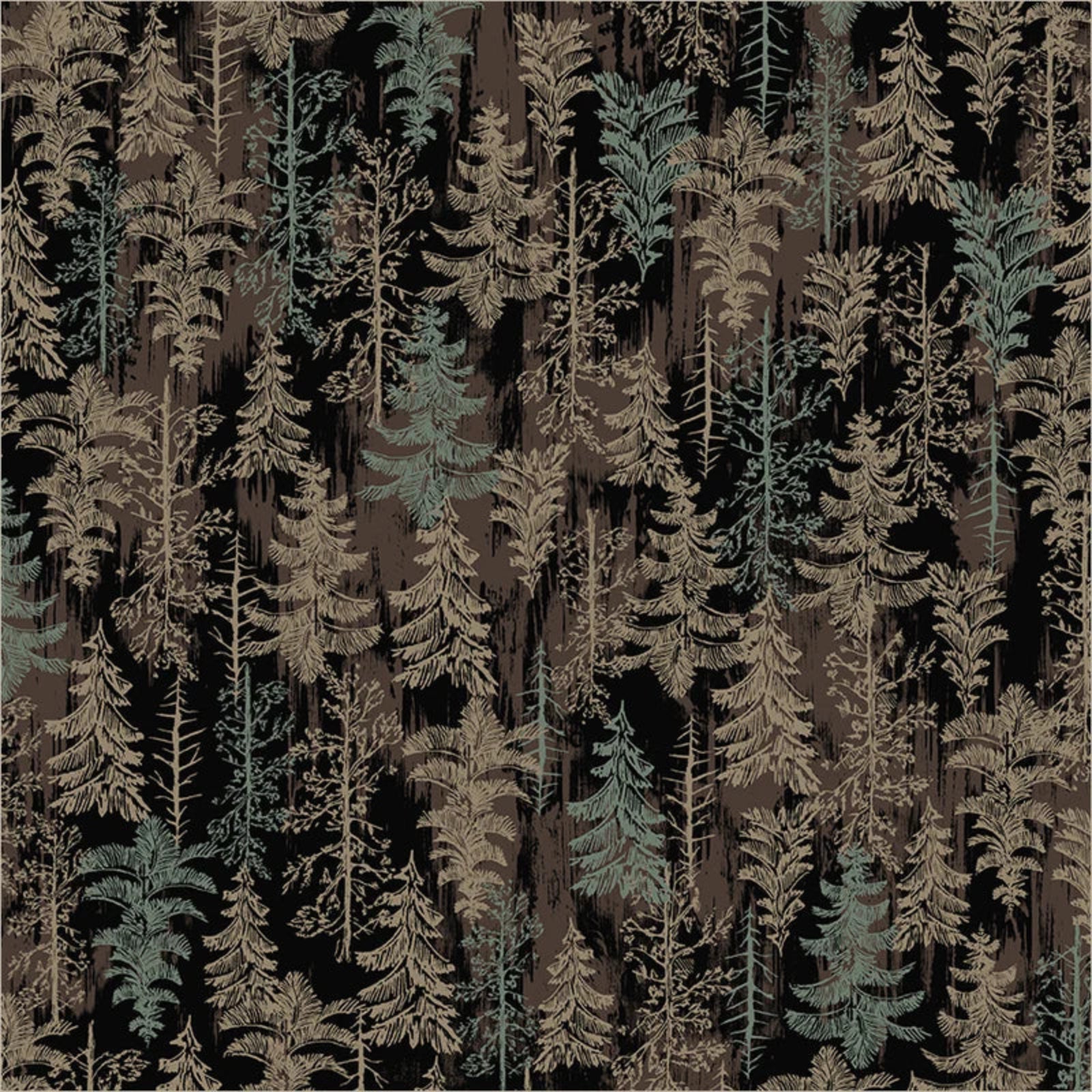 A repeating forest pattern featuring stylized pine trees in muted beige, gray, and pale blue-green tones on a very dark charcoal background.