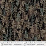 A repeating forest pattern fabric swatch featuring stylized pine trees in muted beige, sage green, and gray-blue tones on a dark brown background, with a measurement ruler and Windham Fabrics branding along the bottom edge.