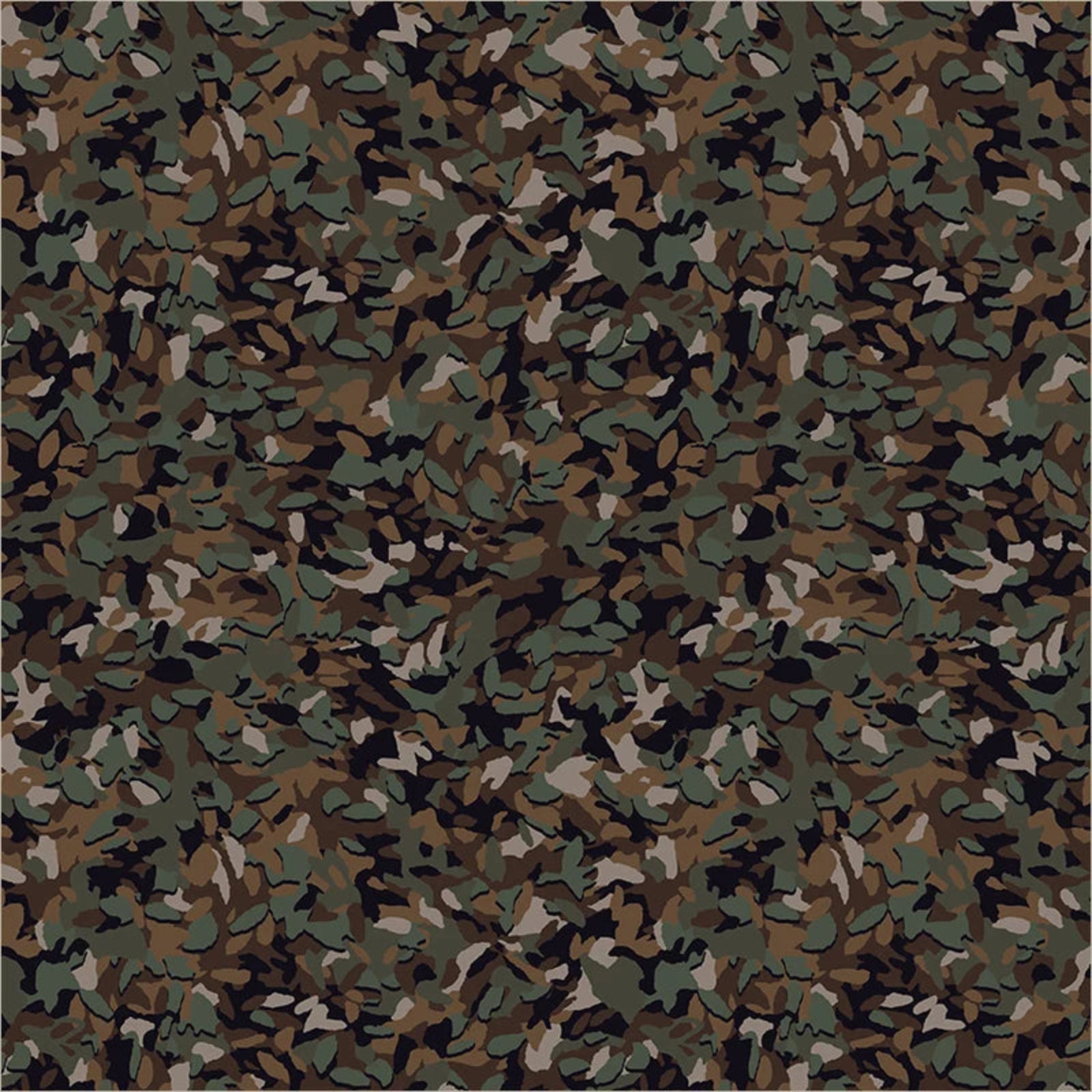 A camouflage pattern made up of irregular shapes in olive green, brown, black, and tan, filling the entire frame.