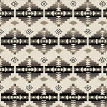A repeating geometric pattern featuring stepped diamond motifs in black, dark gray, taupe, and beige on a light cream background.