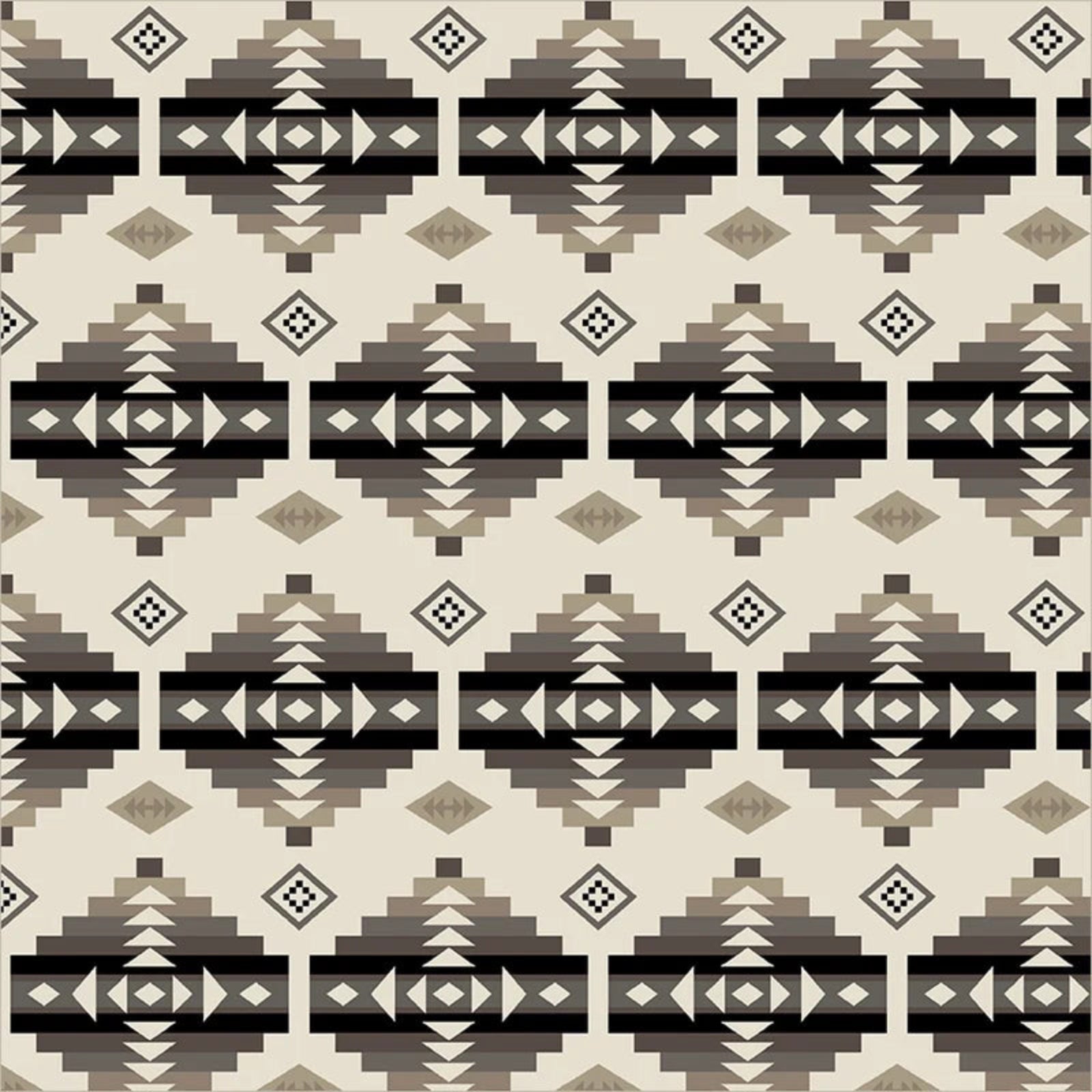 A repeating geometric pattern featuring stepped diamond motifs in black, dark gray, taupe, and beige on a light cream background.