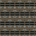 A repeating geometric pattern featuring horizontal bands with stepped diamond, triangle, and oval motifs in taupe, gray, charcoal, and off-white on a medium brown background.