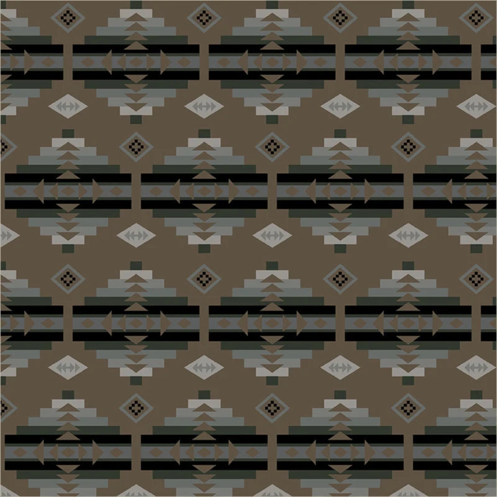 A repeating geometric pattern featuring horizontal bands with stepped diamond, triangle, and oval motifs in taupe, gray, charcoal, and off-white on a medium brown background.