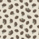 A repeating pattern of illustrated pinecones and small pine needles on a warm cream background.