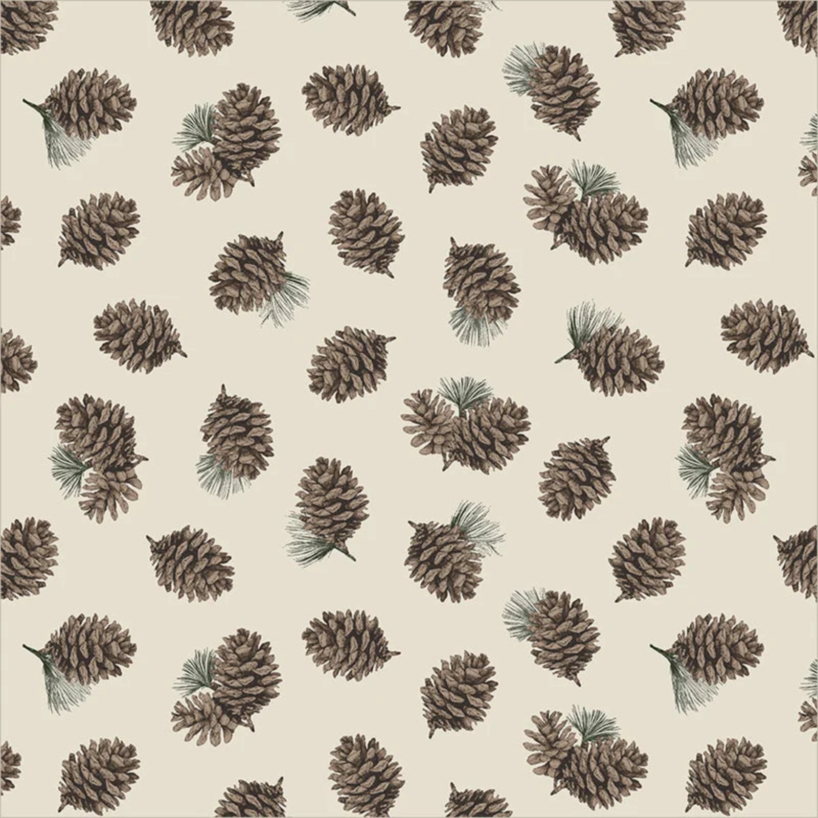 A repeating pattern of illustrated pinecones and small pine needles on a warm cream background.
