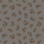 A repeating pattern of pinecones and small pine needles on a solid taupe-gray fabric background.