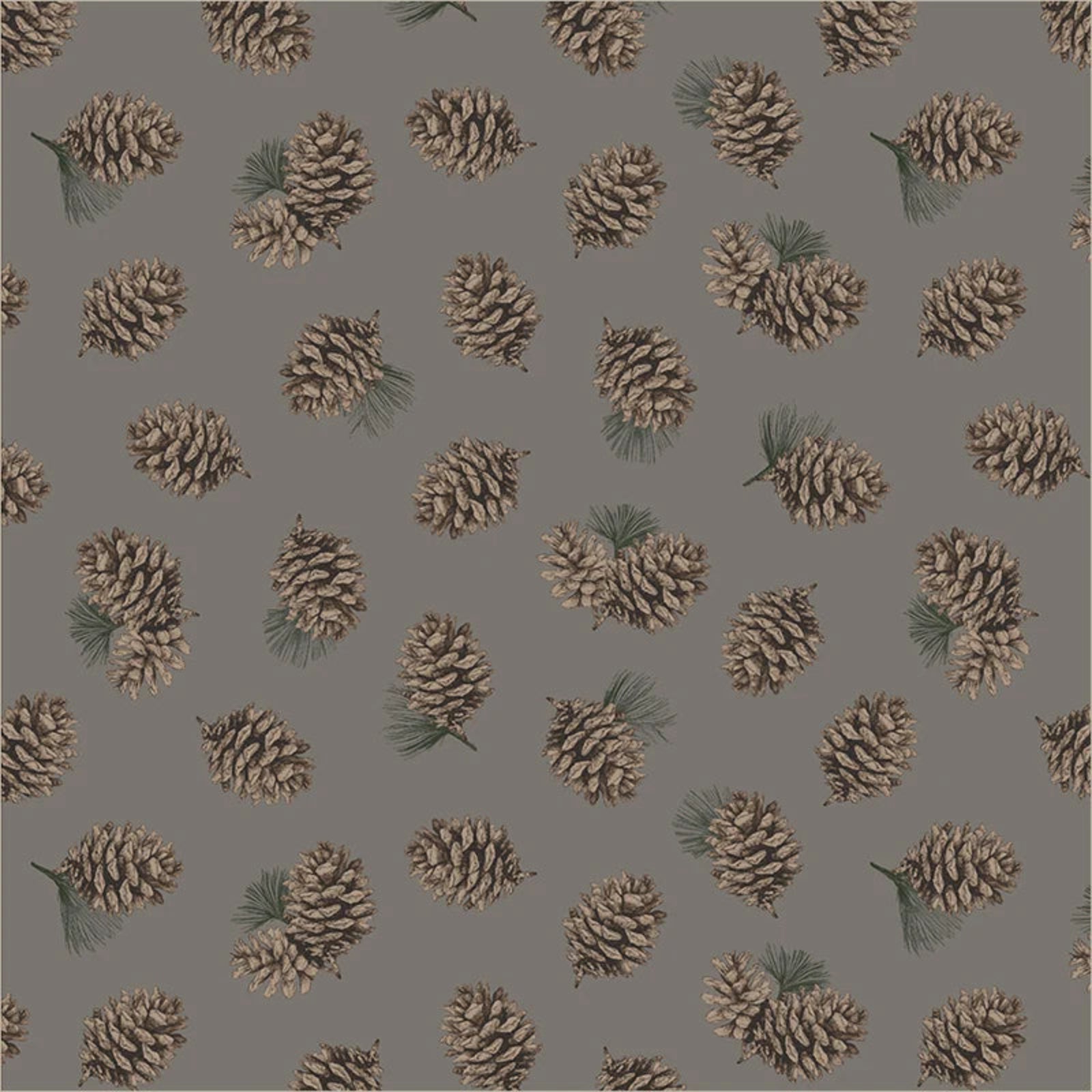 A repeating pattern of pinecones and small pine needles on a solid taupe-gray fabric background.