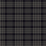 A close-up of a dark plaid fabric pattern with intersecting black and gray stripes forming a classic tartan design.