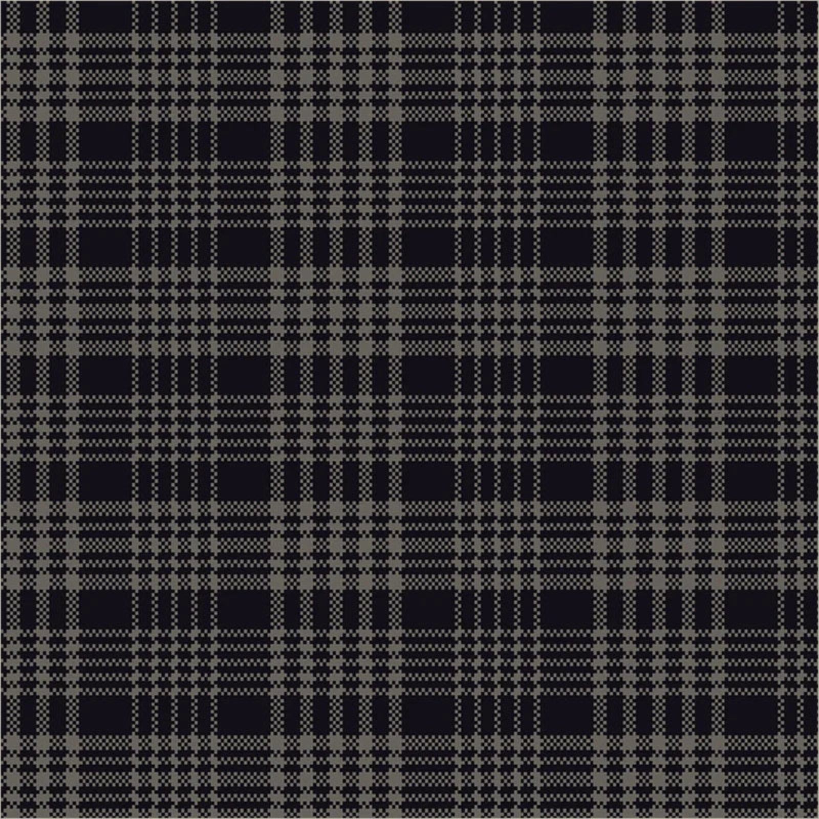 A close-up of a dark plaid fabric pattern with intersecting black and gray stripes forming a classic tartan design.