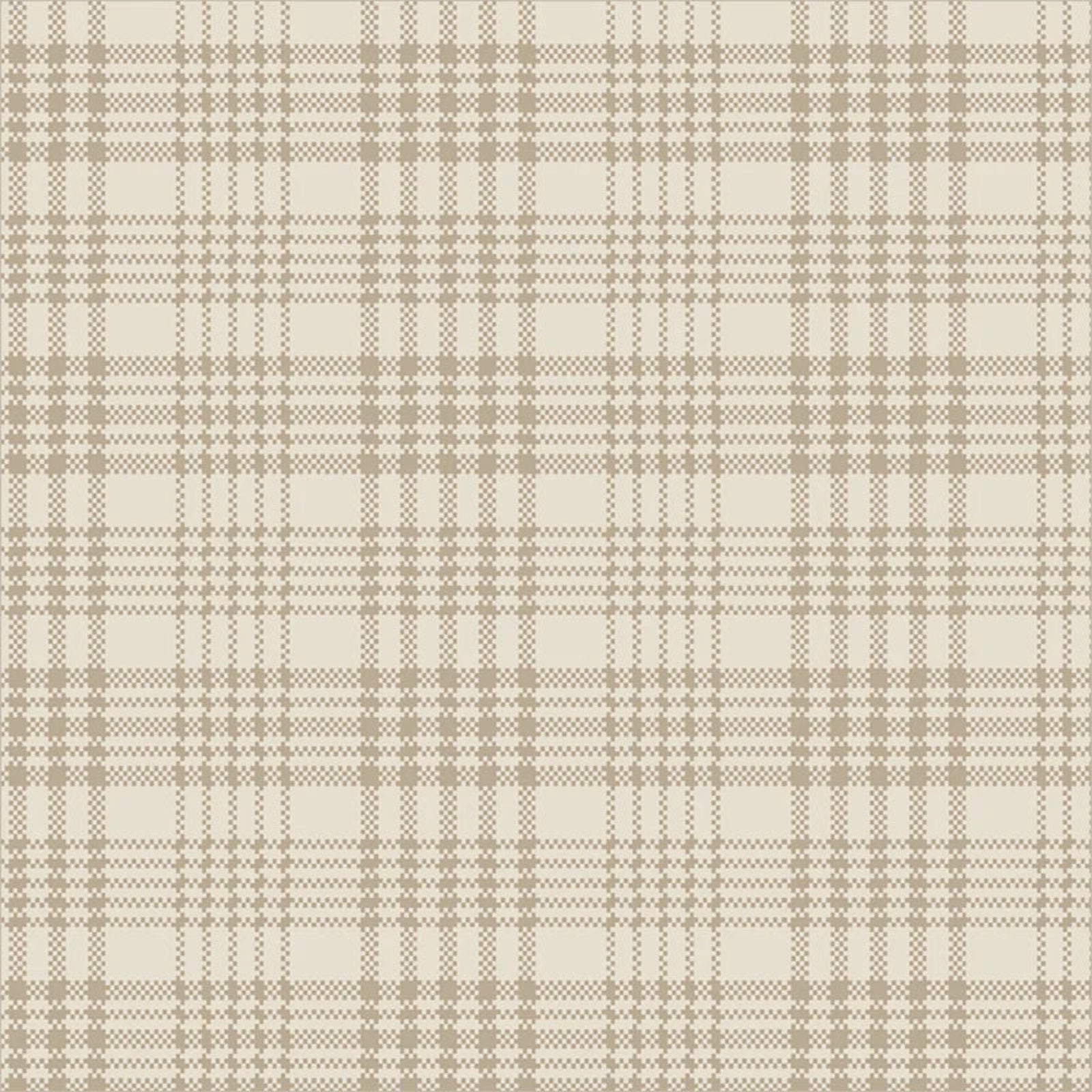 A close-up of a beige and light brown plaid fabric pattern with a woven texture.