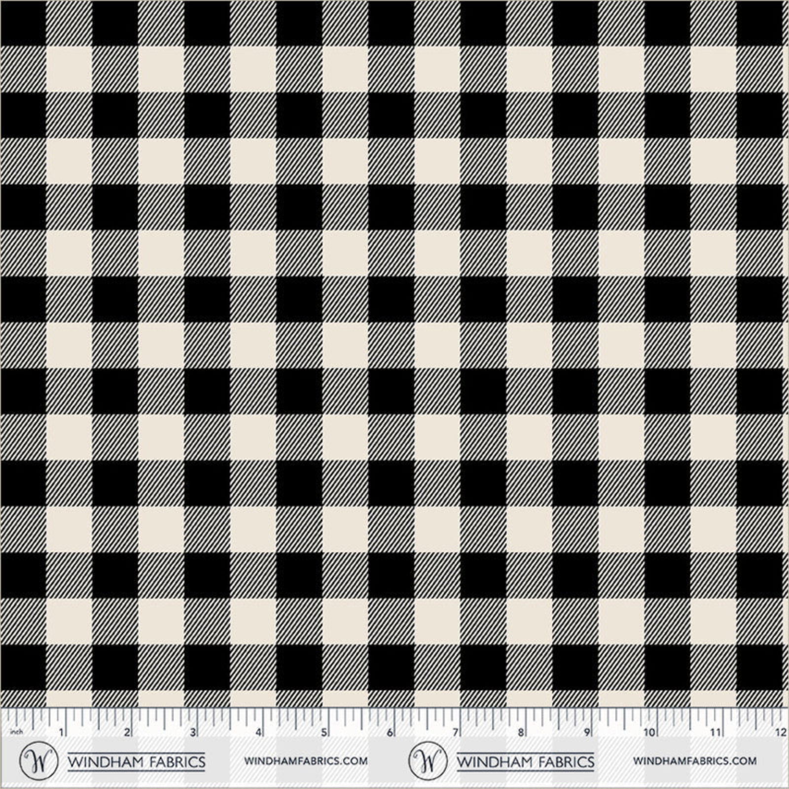 Black and cream buffalo check gingham fabric pattern shown flat with a measuring ruler along the bottom edge displaying 12 inches.
