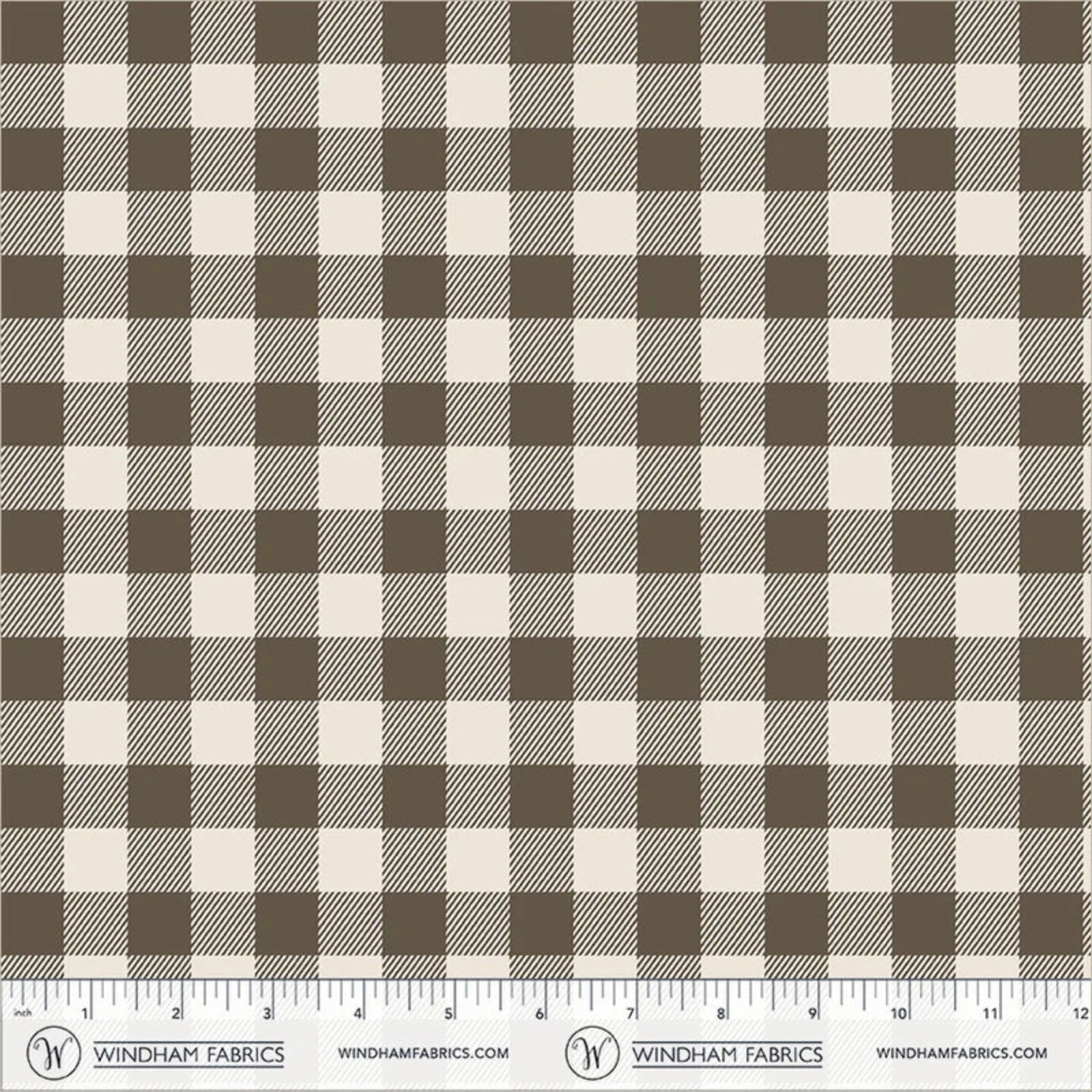 Brown and cream gingham fabric pattern shown flat with a ruler along the bottom edge for scale. Windham Fabrics branding is visible on the ruler.