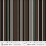 A fabric pattern swatch featuring vertical stripes in shades of brown, gray, and olive green, with a ruler scale and Windham Fabrics branding at the bottom.