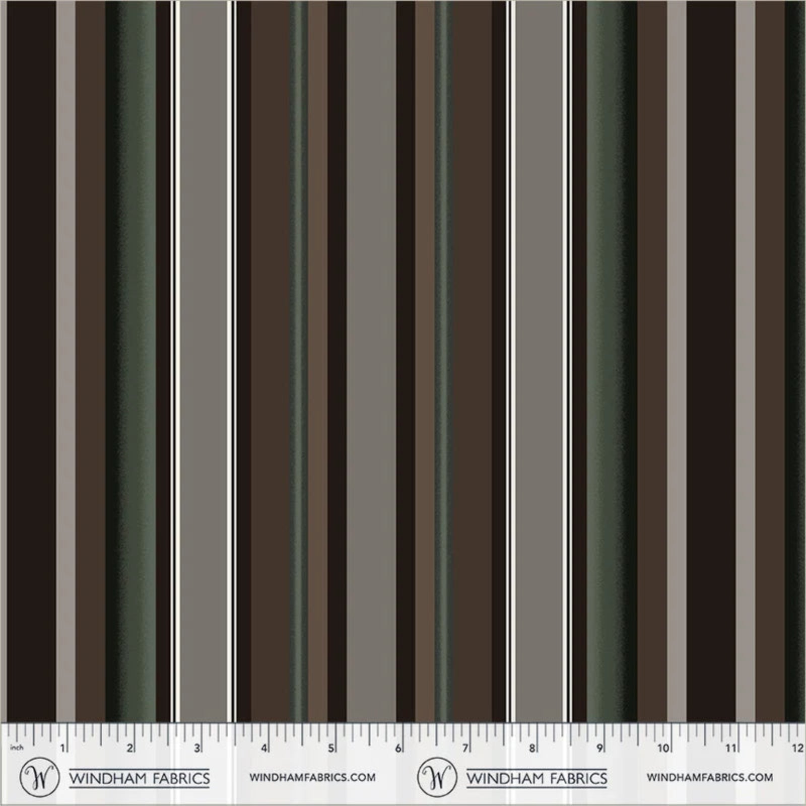 A fabric pattern swatch featuring vertical stripes in shades of brown, gray, and olive green, with a ruler scale and Windham Fabrics branding at the bottom.