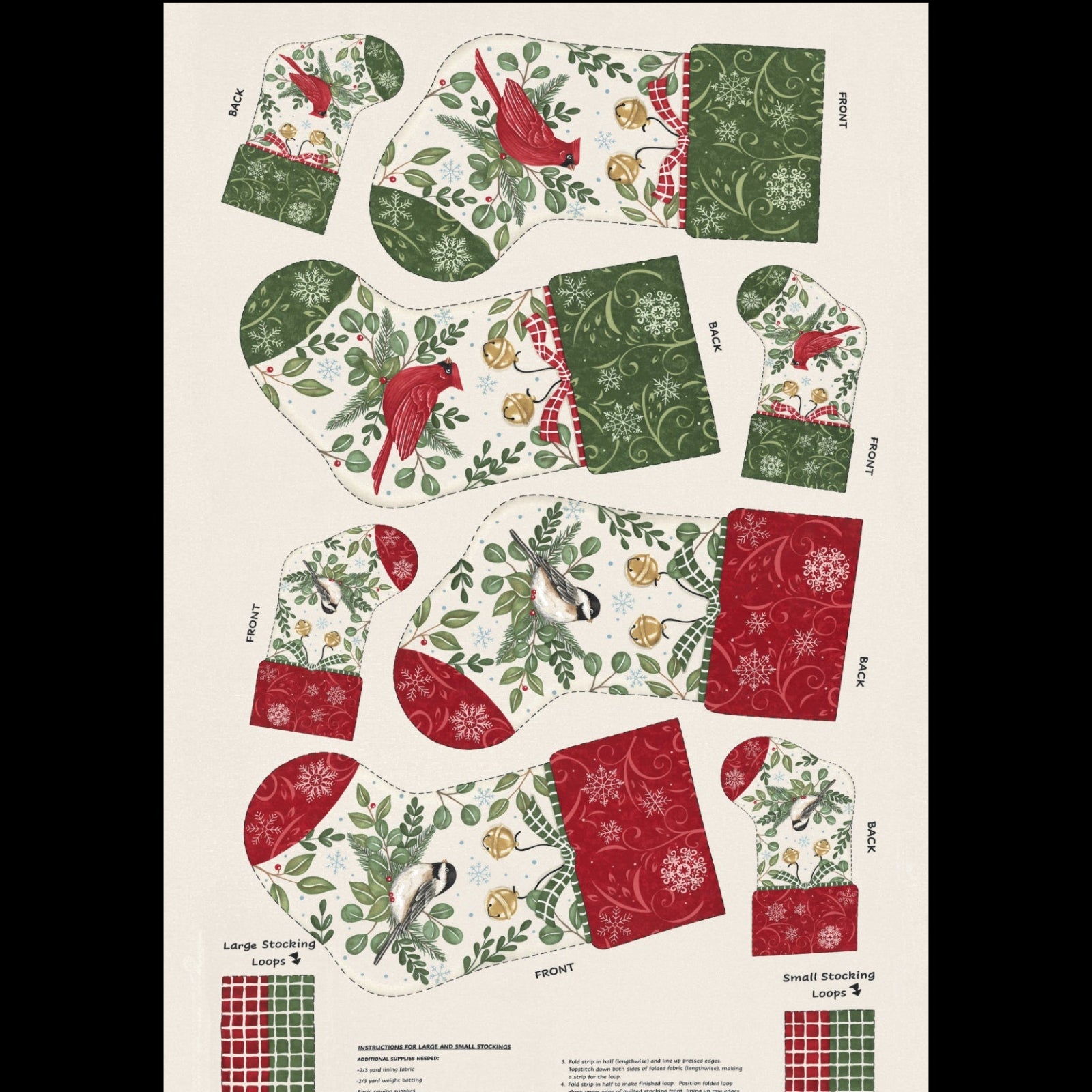 Set of Christmas-themed stockings with patterns on a white background