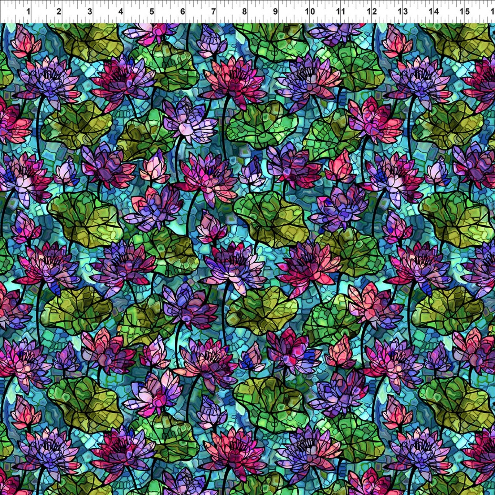 A repeating stained-glass style floral pattern of lotus flowers and lily pads in pink, purple, green, and blue, with a white ruler visible along the top edge for scale.