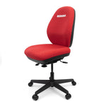 A red fabric office chair with a black five-star base and casters, featuring the BERNINA logo on the backrest, shown against a plain white background.
