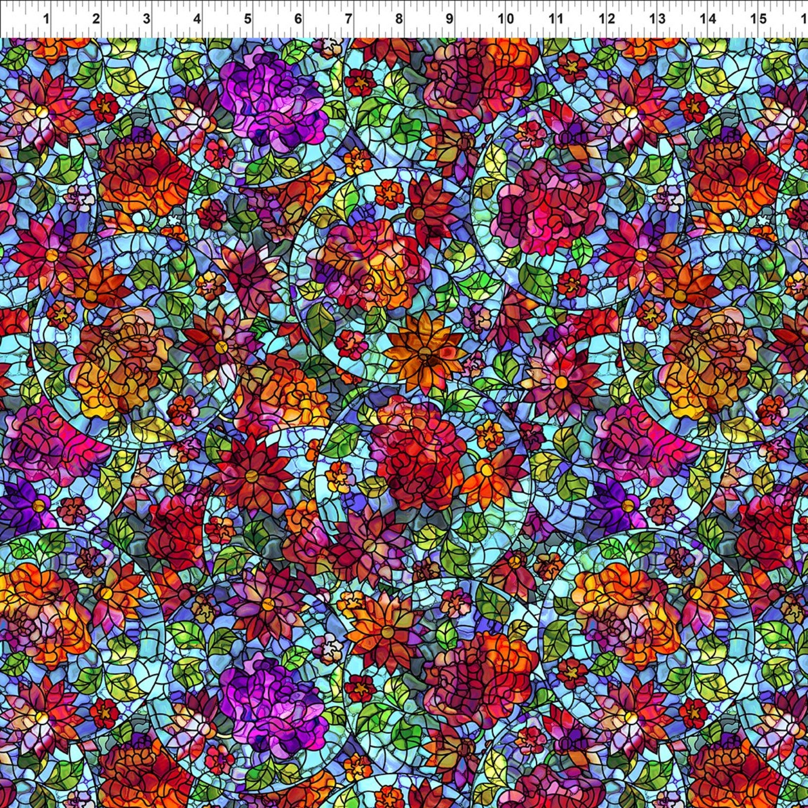 A close-up of a colorful stained-glass-style floral pattern with dense overlapping flowers and geometric outlines on a light blue background. A white ruler scale runs along the top edge, indicating this appears to be a fabric or print swatch rather than a standalone product photo.