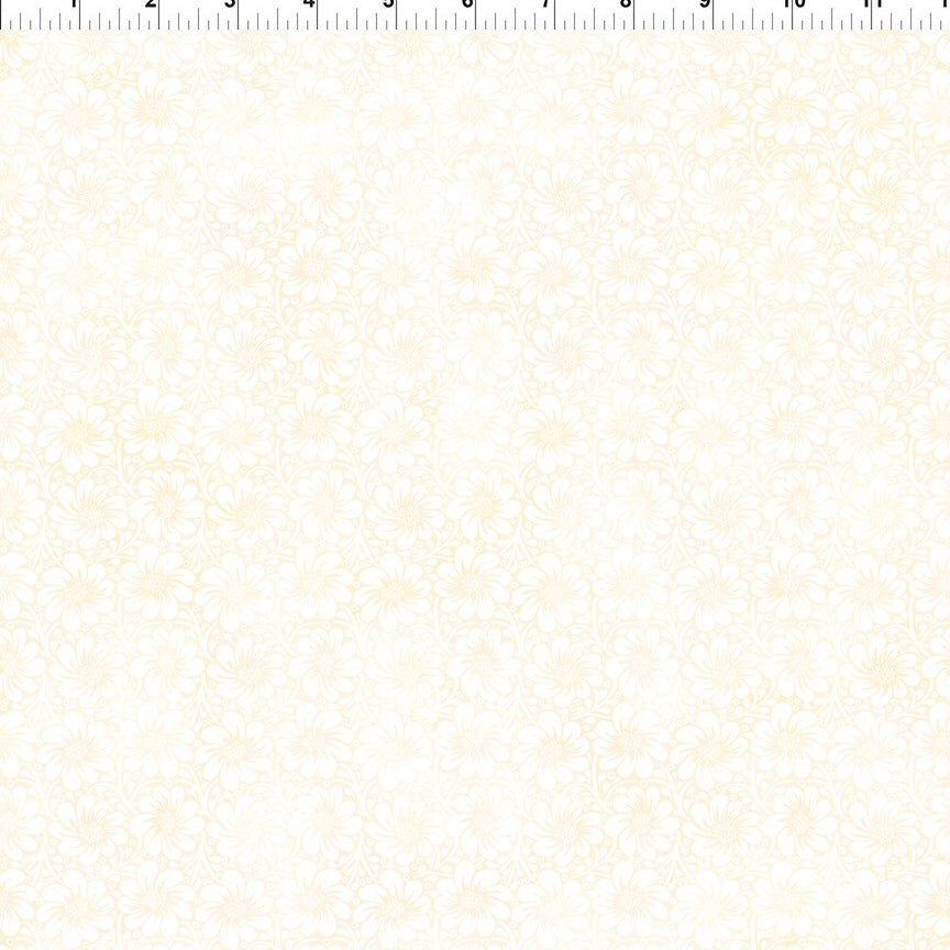 Creamy yellow flowers on a off white background fabric by In the Beginning Fabrics.