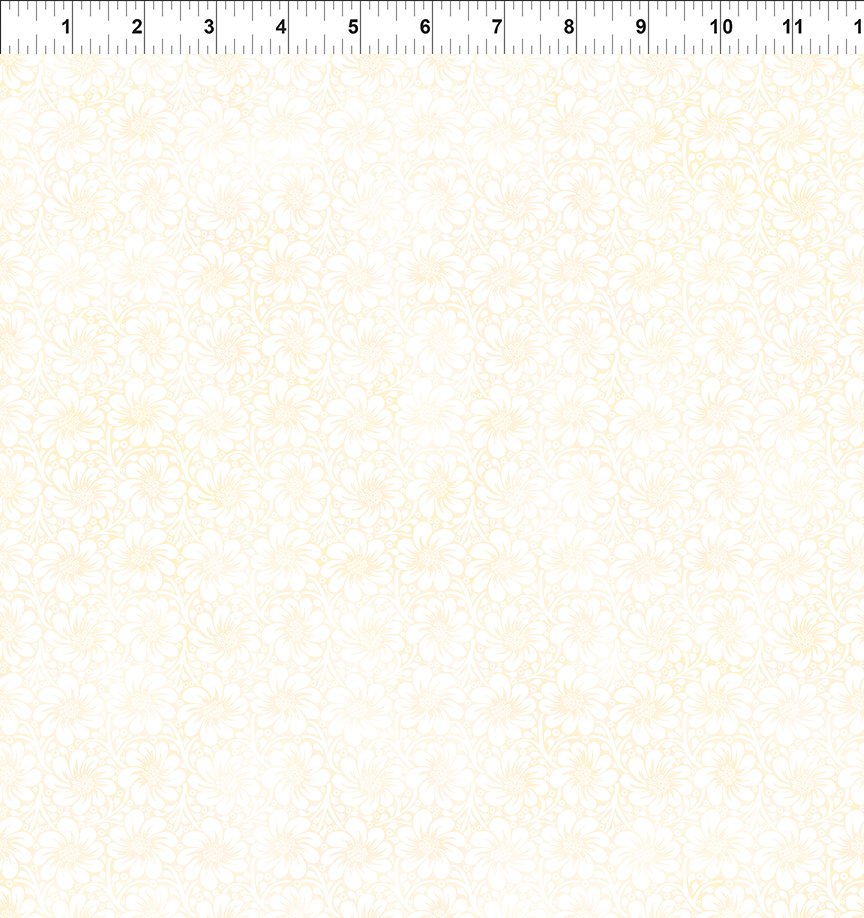 Creamy yellow flowers on a off white background fabric by In the Beginning Fabrics.