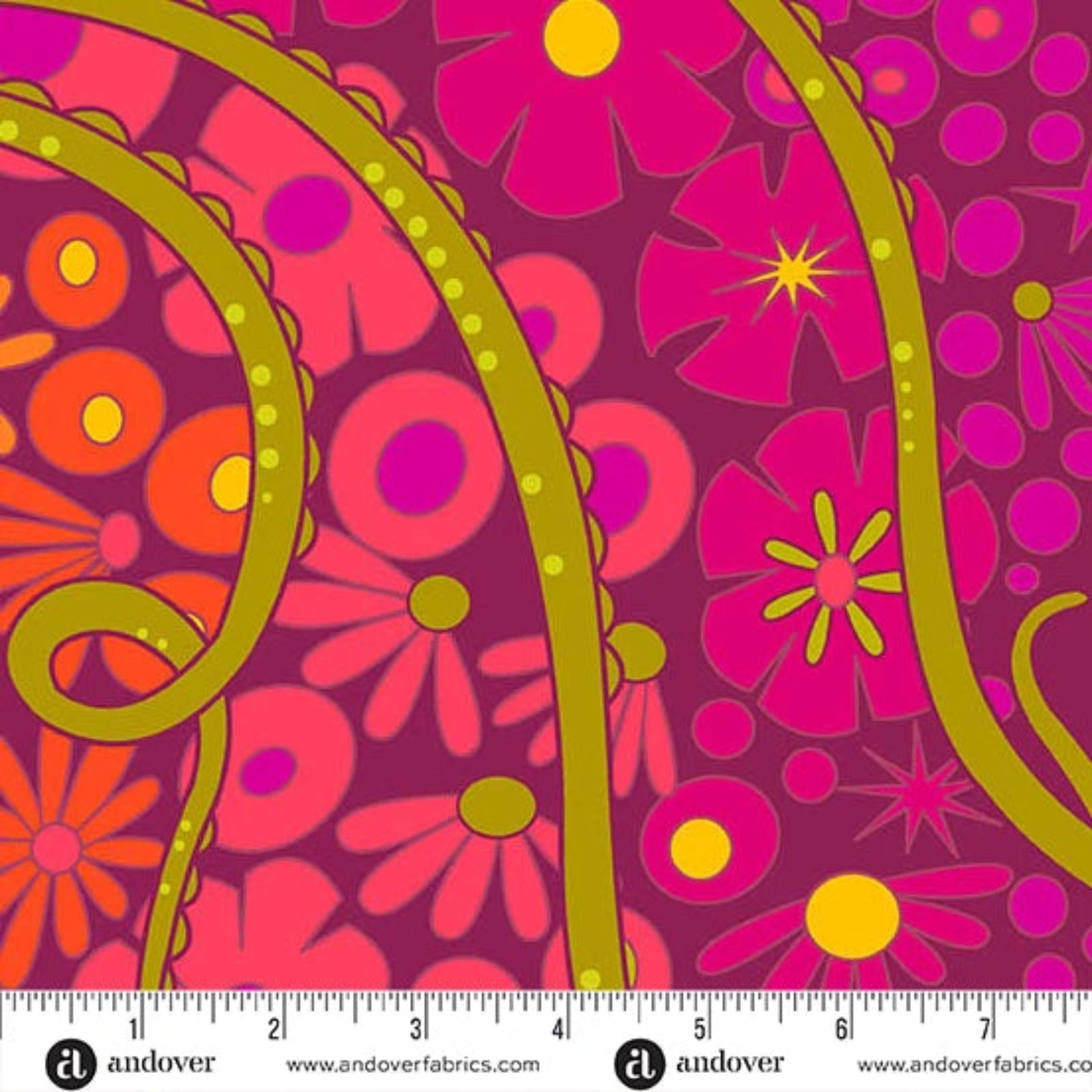 Floral pattern fabric with a ruler at the bottom for scale, featuring pink and orange flowers on a purple background.