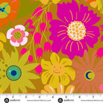 Colorful floral pattern with a ruler at the bottom for scale, featuring Andover Fabrics branding.