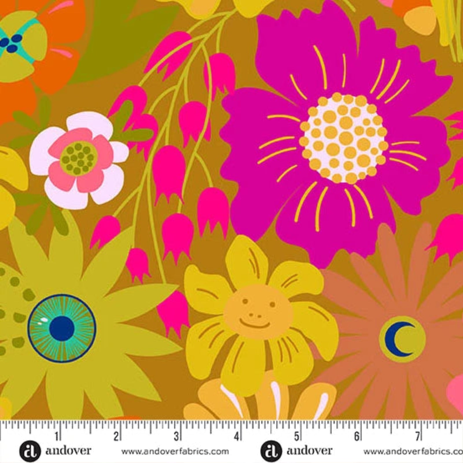 Colorful floral pattern with a ruler at the bottom for scale, featuring Andover Fabrics branding.