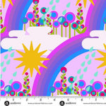 Colorful fabric pattern with rainbows, flowers, and a sun on a pink background, featuring Andover Fabrics branding.