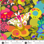 Colorful fabric pattern with mushrooms, flowers, and abstract shapes on a dark background, featuring Andover Fabrics branding.