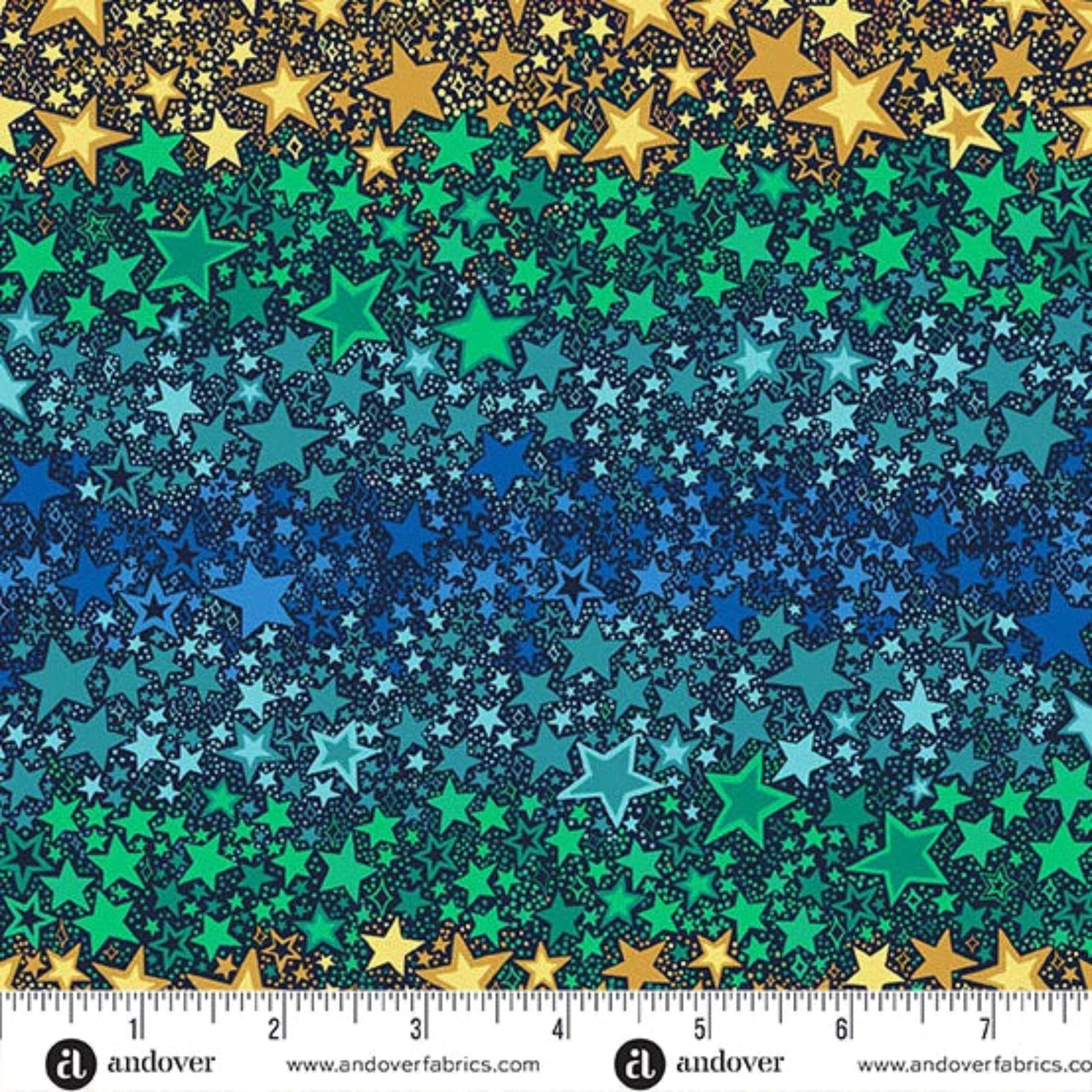 Colorful star pattern fabric with a ruler for scale, featuring gold, green, and blue stars.