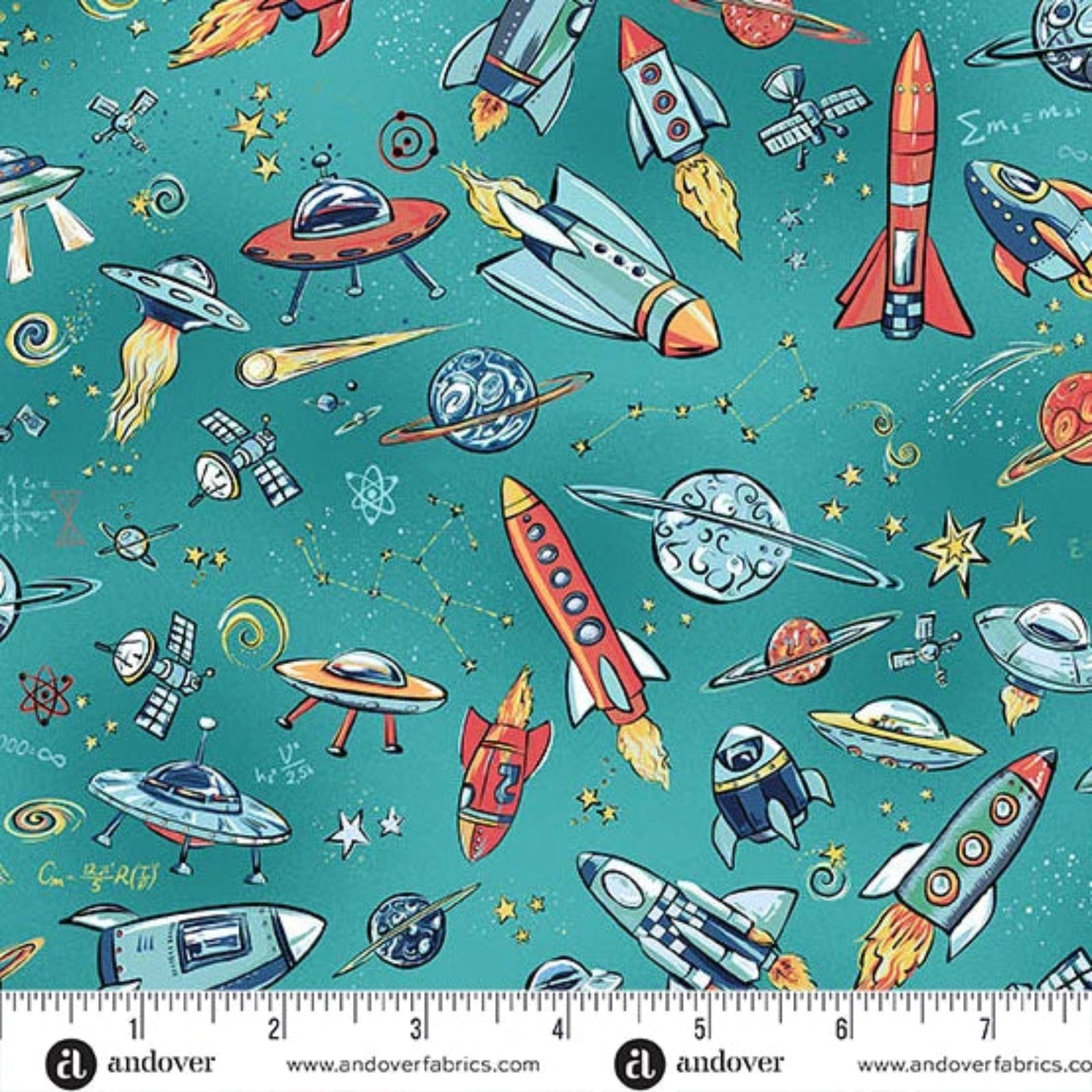 A repeating space-themed fabric pattern on a teal background with illustrated rockets, UFOs, satellites, planets, stars, and rockets in red, orange, yellow, white, and gray. A ruler strip and andover branding appear along the bottom edge.