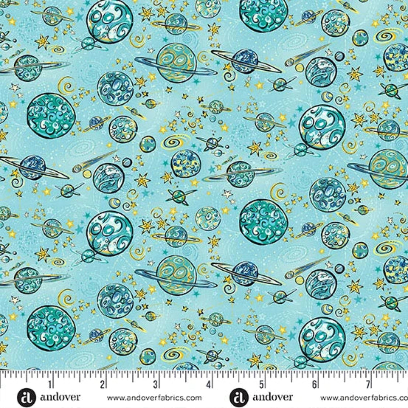 A repeating space-themed pattern on a light aqua background, featuring illustrated planets, stars, and swirls in teal, blue, yellow, and white. A fabric ruler and the andover / andoverfabrics website text appear along the bottom edge.