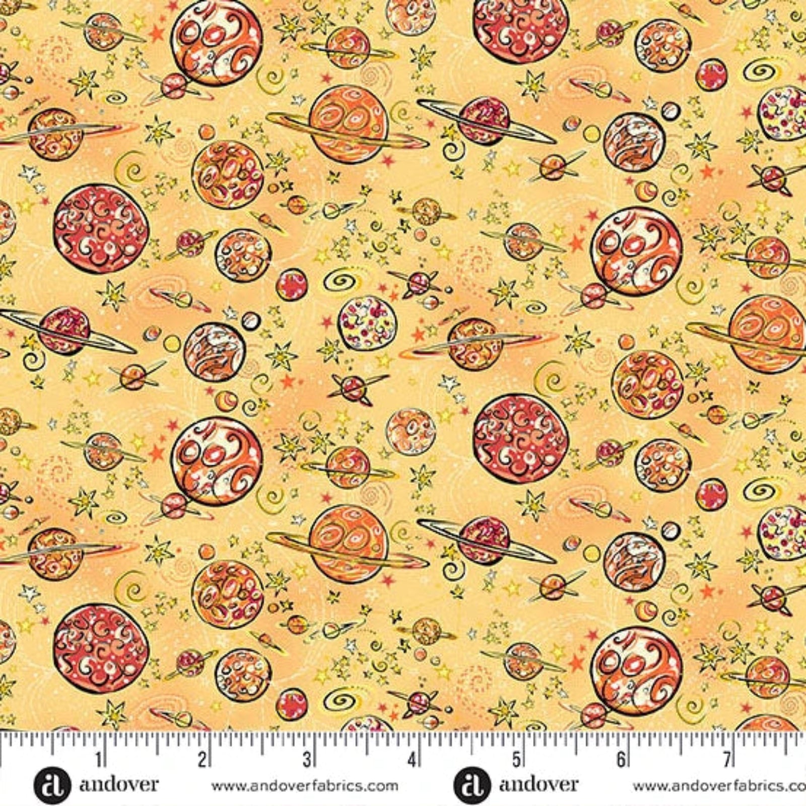 A repeating space-themed pattern on a yellow background featuring planets, rings, stars, and small orbital elements in red, orange, yellow, and dark outlines. A ruler strip with the andover brand and website appears along the bottom edge.