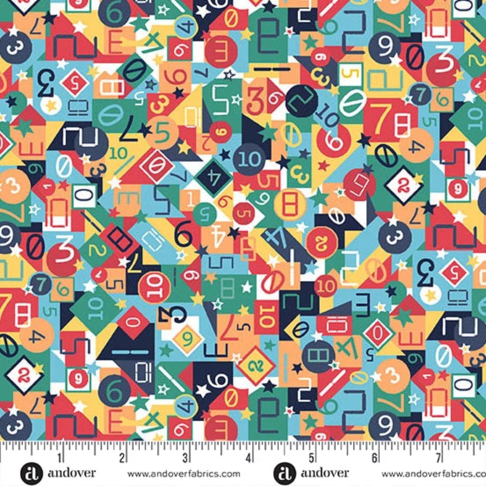A colorful fabric pattern featuring a dense, playful arrangement of numbers, stars, and geometric shapes in red, orange, yellow, teal, green, and navy. A white ruler scale with the brand name 'andover' is visible along the bottom edge.