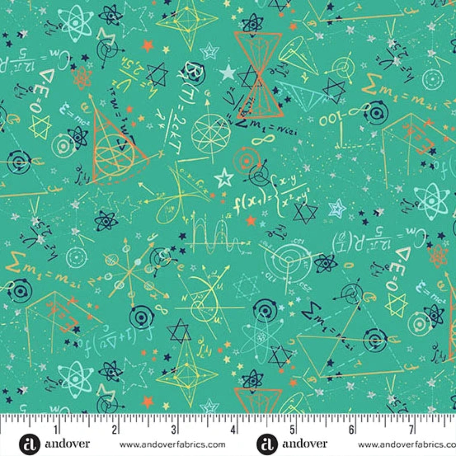 A repeating fabric pattern on a turquoise background featuring colorful scientific and mathematical doodles, including atoms, stars, equations, and geometric shapes. A white ruler scale and the 'andover' brand watermark are visible along the bottom edge.