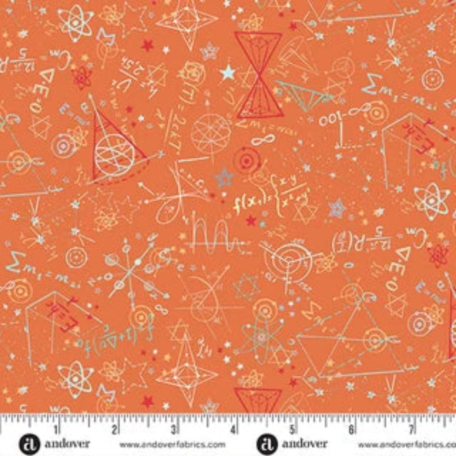An orange fabric pattern featuring hand-drawn white and red scientific and mathematical symbols, including equations, atoms, stars, and geometric shapes, shown with a white ruler at the bottom displaying the pattern scale.