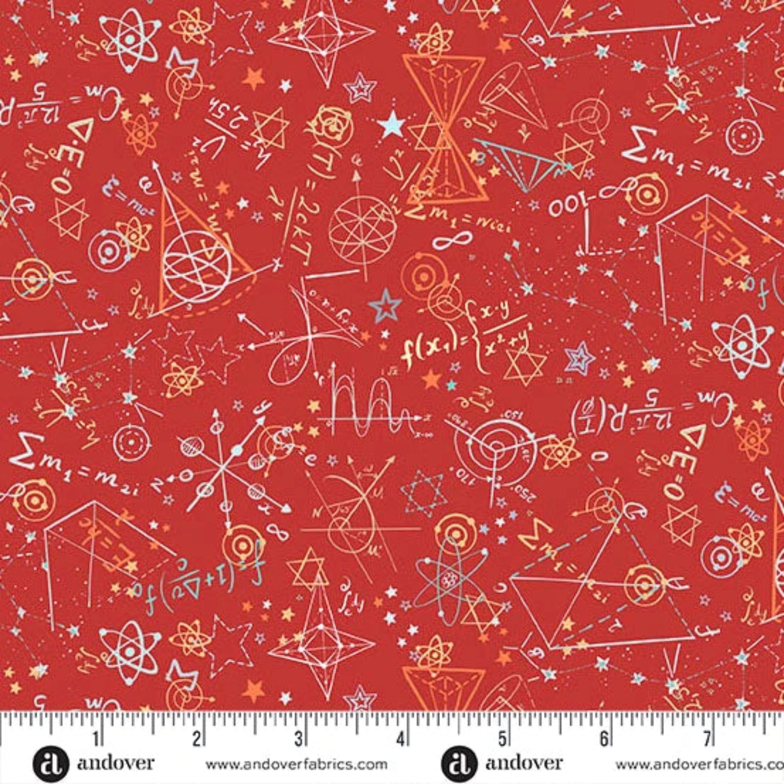 Red fabric with a white and orange scientific pattern featuring equations, atoms, stars, and geometric shapes, shown with a ruler at the bottom indicating scale.