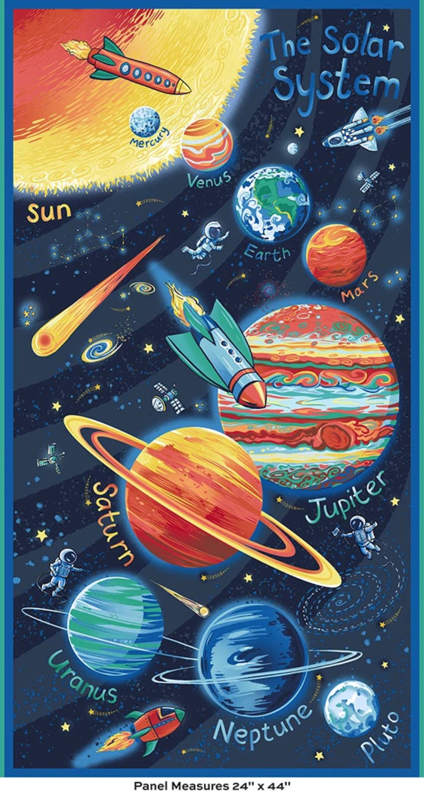 A colorful illustration of planets, a rocket, astronauts, and stars on a dark space background with a blue border.