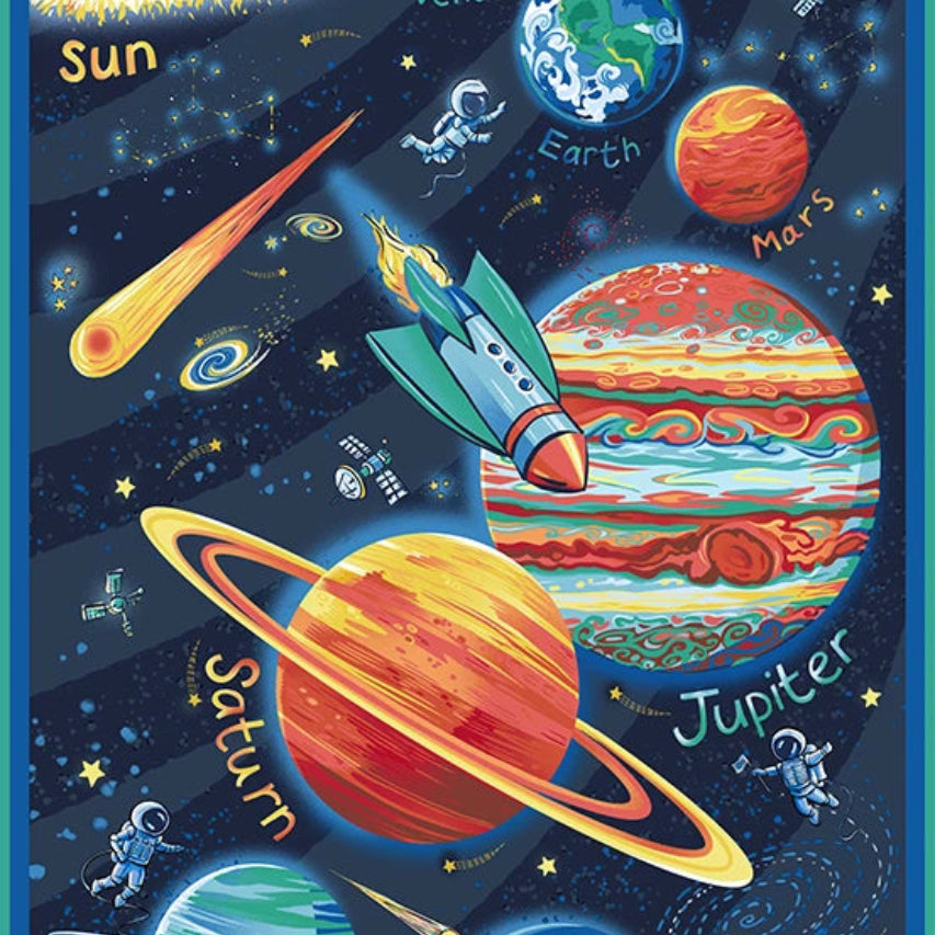 A colorful illustration of planets, a rocket, astronauts, and stars on a dark space background with a blue border.