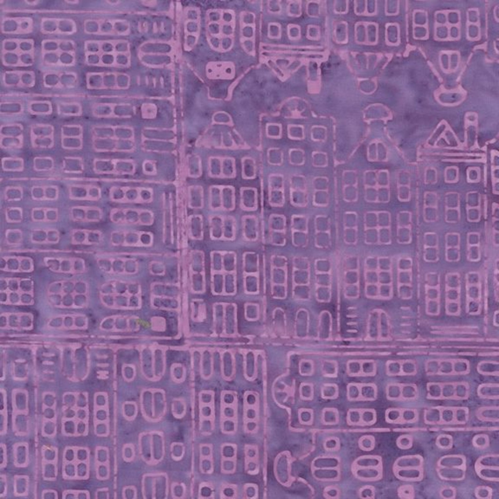 A close-up of a purple and lavender patterned fabric featuring a repeating embossed or printed motif of stylized buildings and architectural shapes.