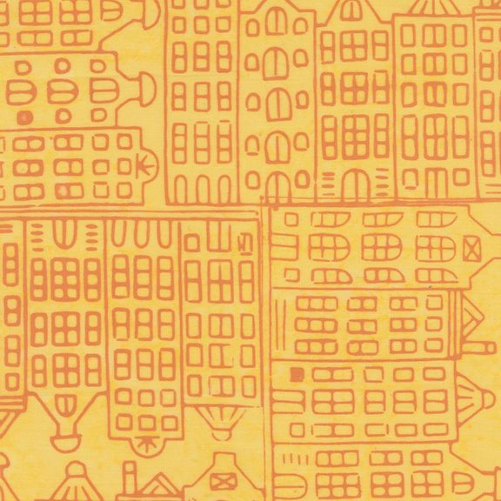 A close-up of a repeating pattern featuring stylized orange building outlines on a warm yellow background.