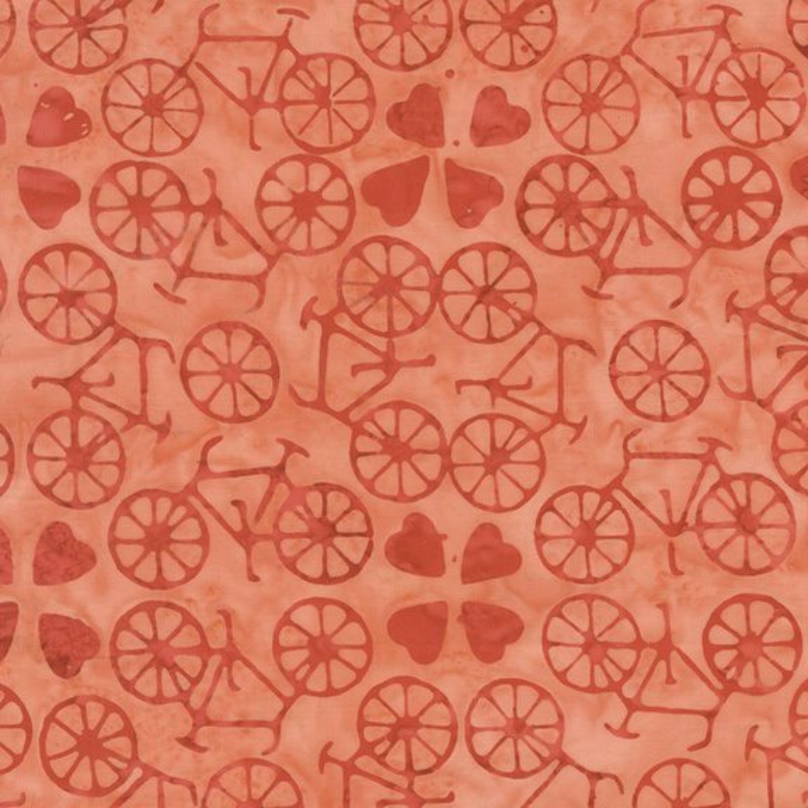 A repeating pattern of red bicycles and hearts on a warm coral-pink background.