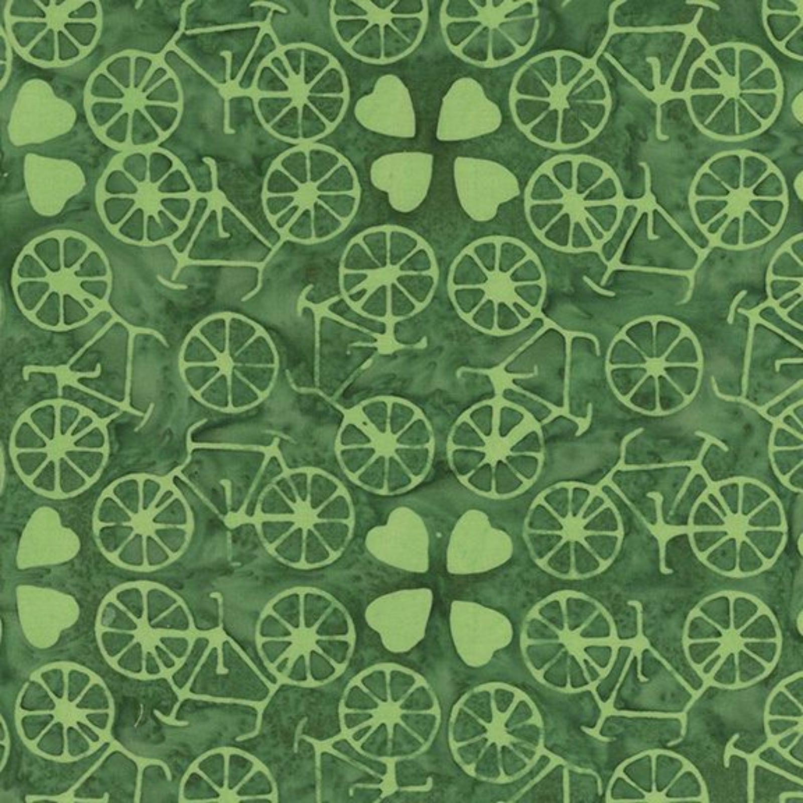 A repeating pattern of bicycle and four-leaf clover motifs in light green on a darker green marbled background.