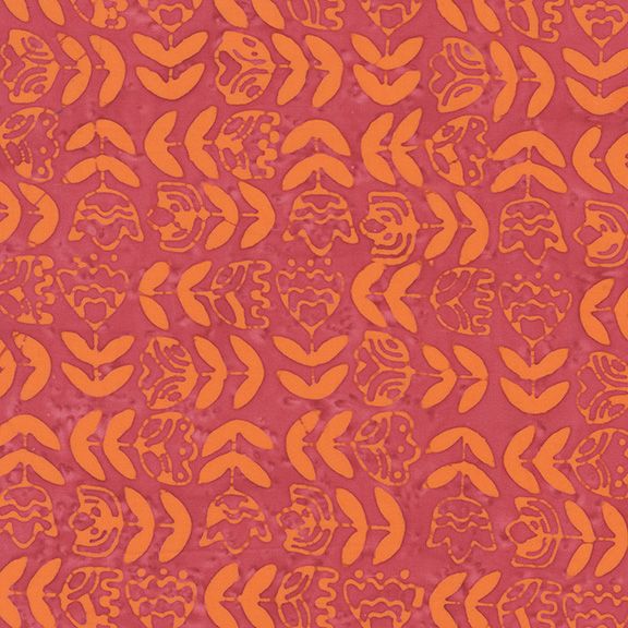 A close-up of a repeating patterned fabric design featuring stylized orange botanical and abstract motifs on a warm coral-pink background.