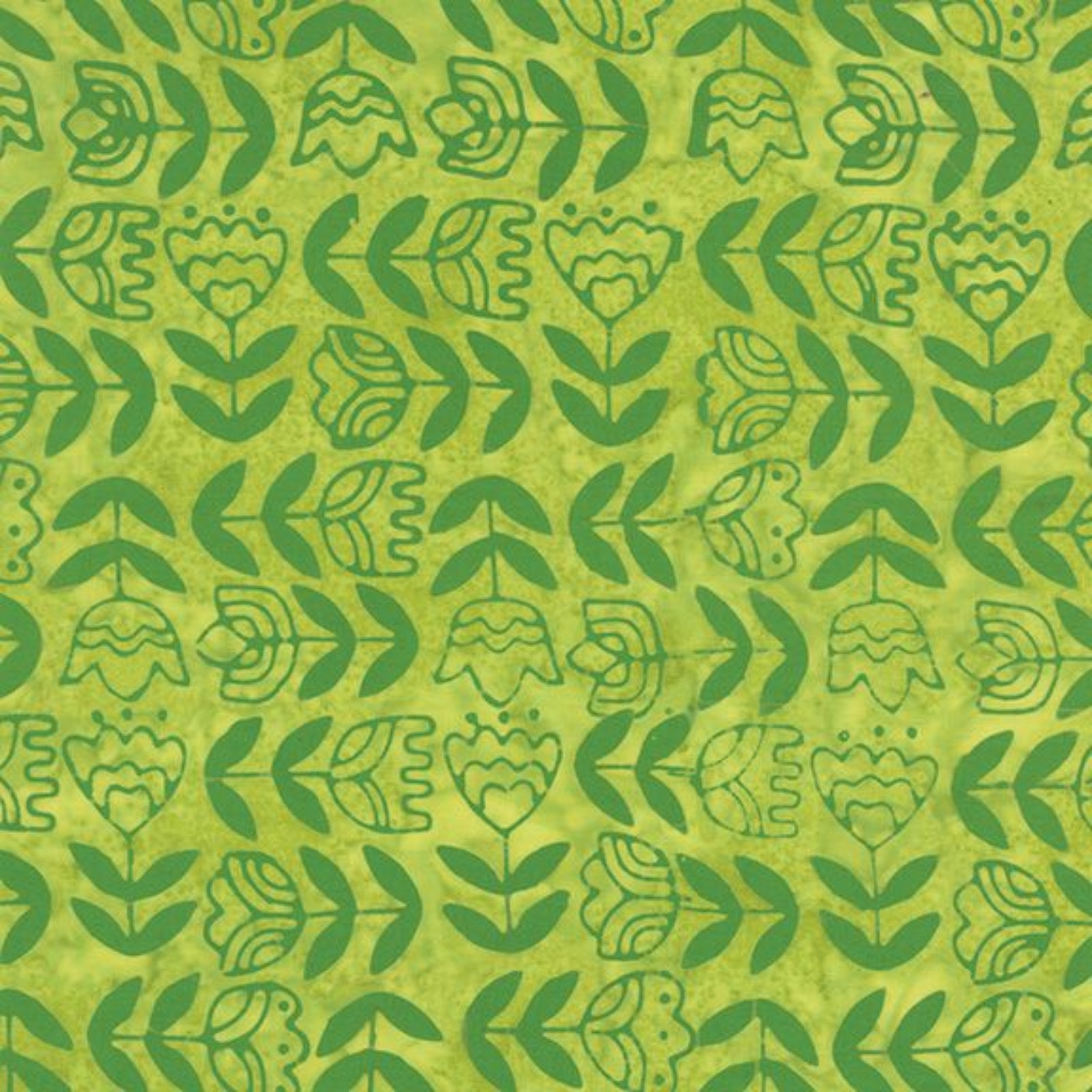 A repeating green botanical pattern on a yellow-green background, featuring stylized leaves and flower-like motifs in darker green.
