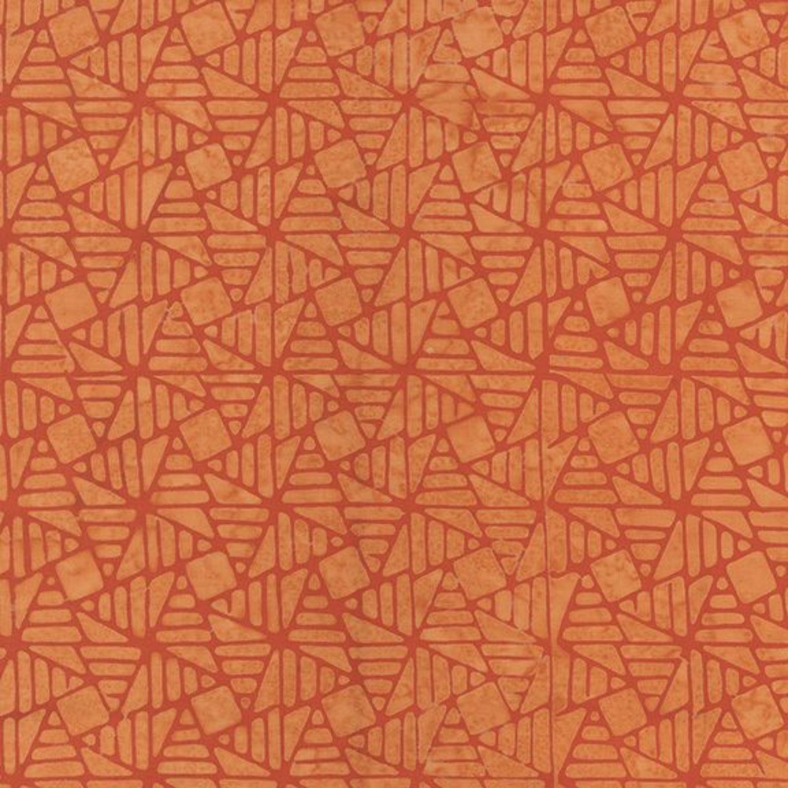 A close-up of a terracotta orange textured surface with a repeating geometric pattern of interlocking triangles and lines.