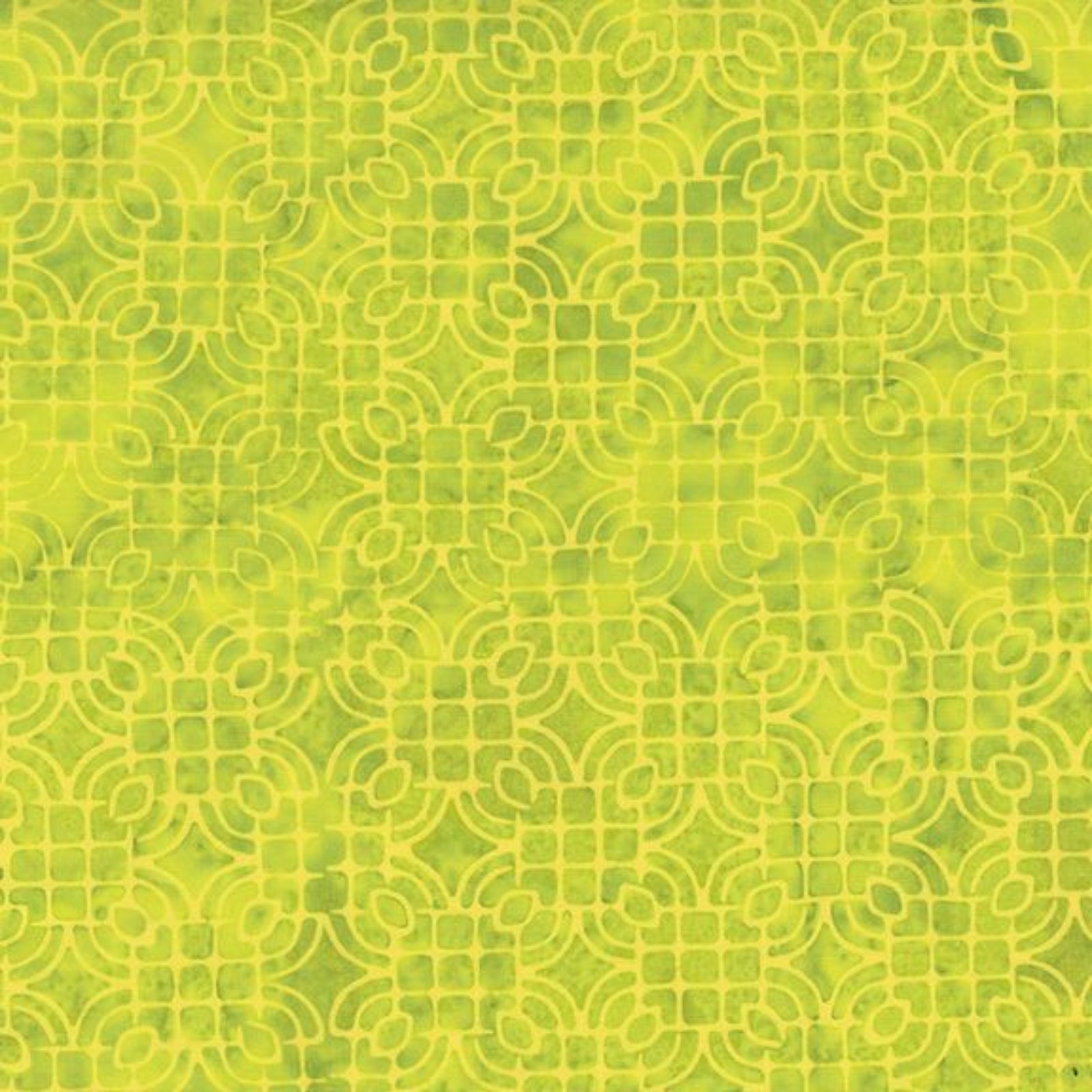 A close-up of a repeating geometric pattern in bright yellow-green with a lighter yellow lattice design over a slightly mottled green background.
