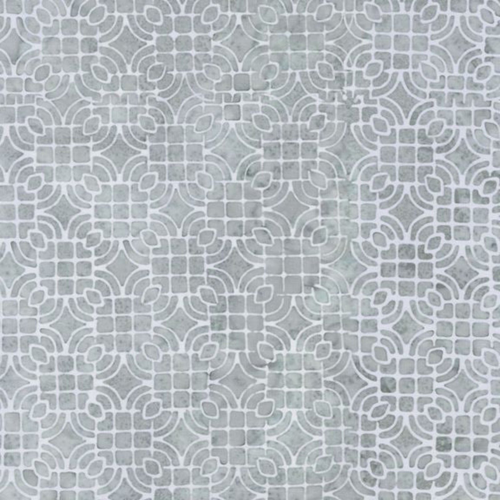 Gray and white patterned mosaic tile sheet with a repeating geometric trellis design.