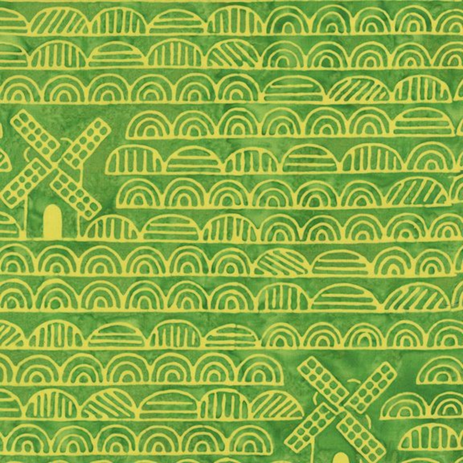 A repeating pattern of green and yellow hand-drawn style motifs, including arches, semi-circles, and windmills, filling the entire frame.