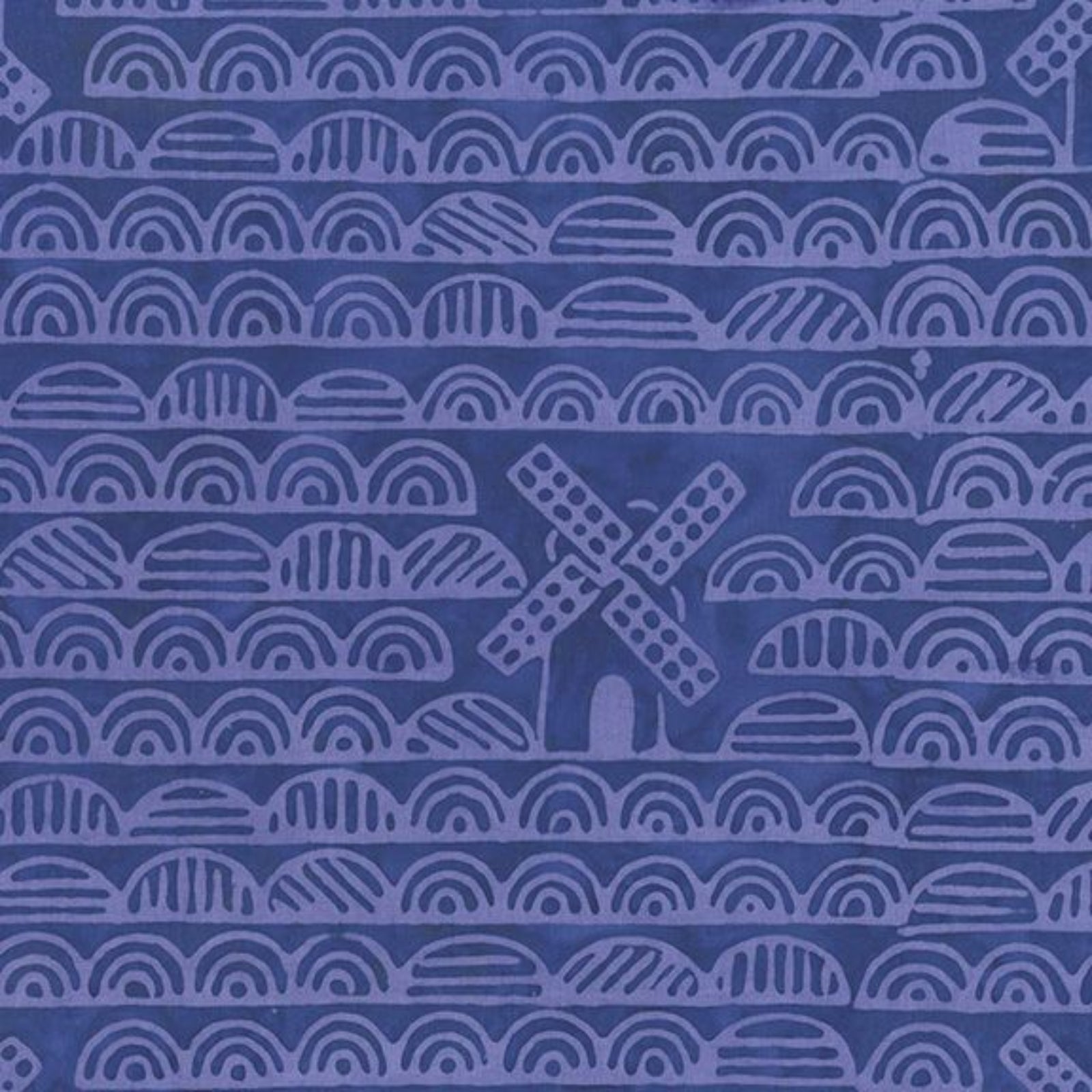 A close-up of a blue patterned fabric or wallpaper featuring horizontal rows of semi-circular arches and a central windmill motif in a lighter lavender-blue tone.